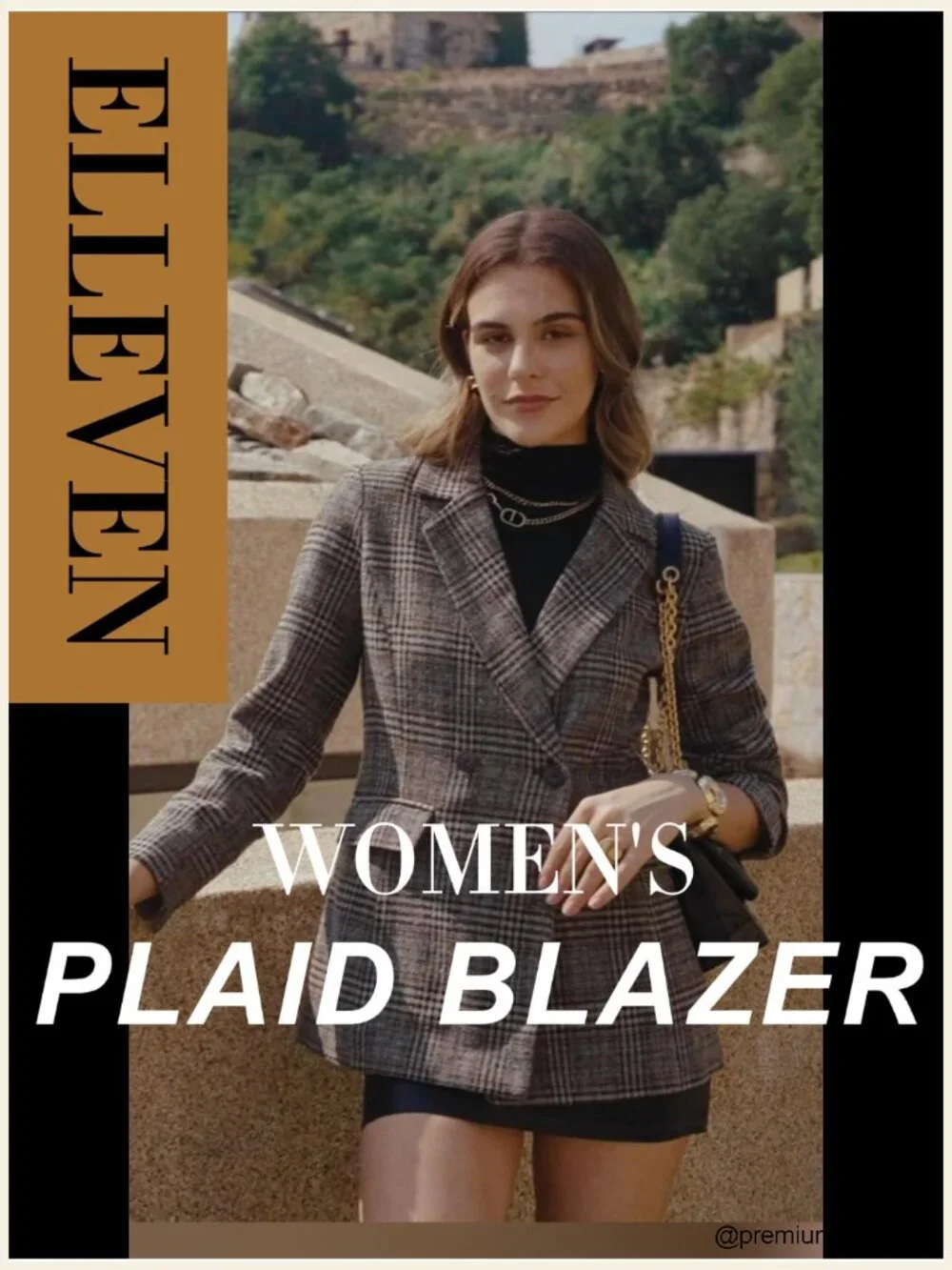 Women's Longline Double-Breasted Plaid Tweed Blazer Notch Collar Machine
